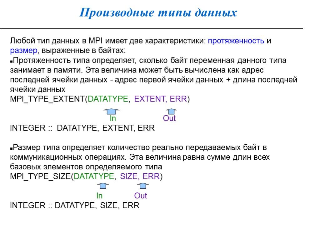 Производные типы данных Любой тип данных в MPI имеет две характеристики: протяженность и размер,